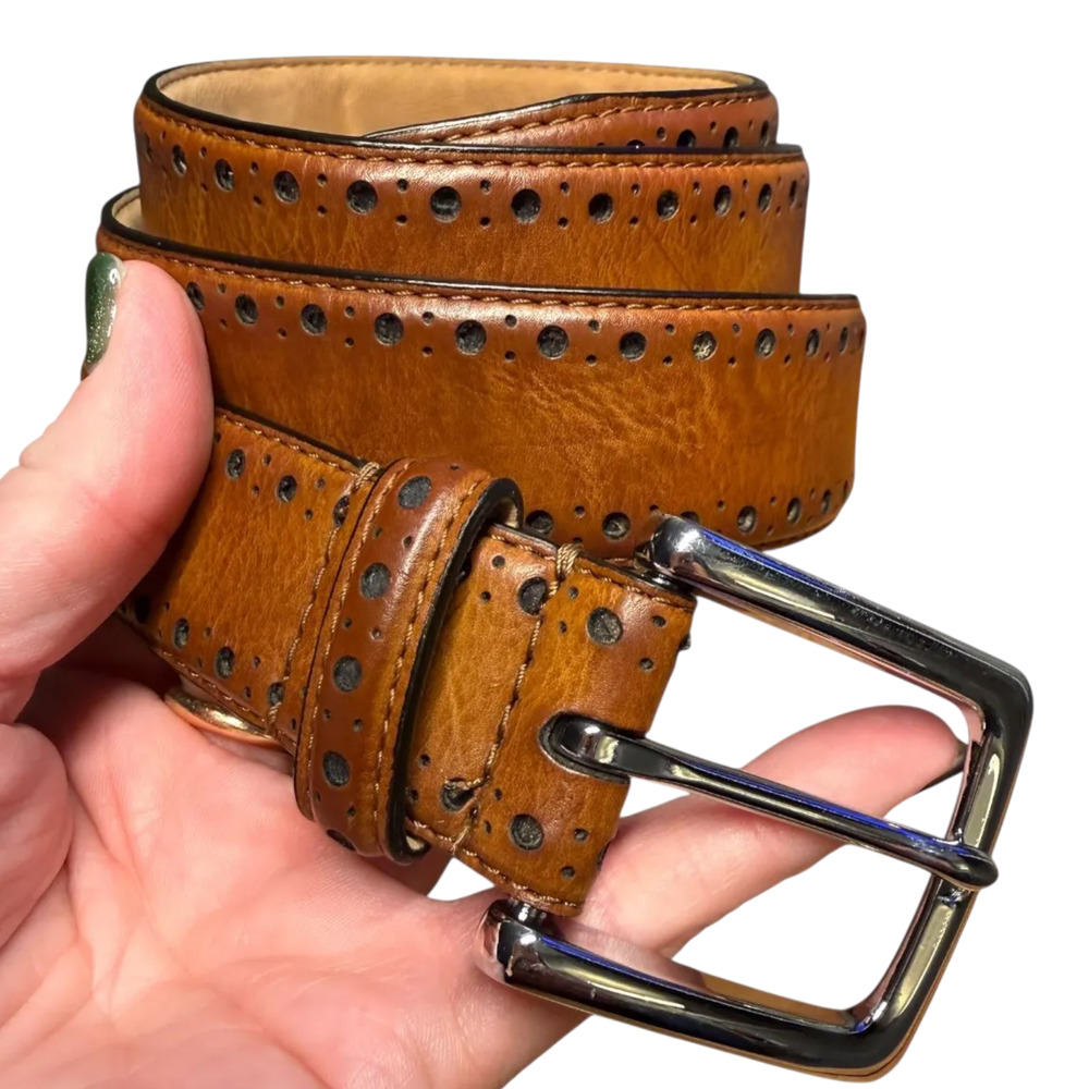 COLE HAAN Men's Brown Leather Belt 34 Silver Buckle Brogue